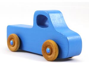 Handmade wooden toy pickup truck painted in baby blue with metallic sapphire blue trim. The truck features non-marring amber shellac wheels and is part of my Play Pal Collection. A close-up shot of the toy truck on a white background. Made to Order.